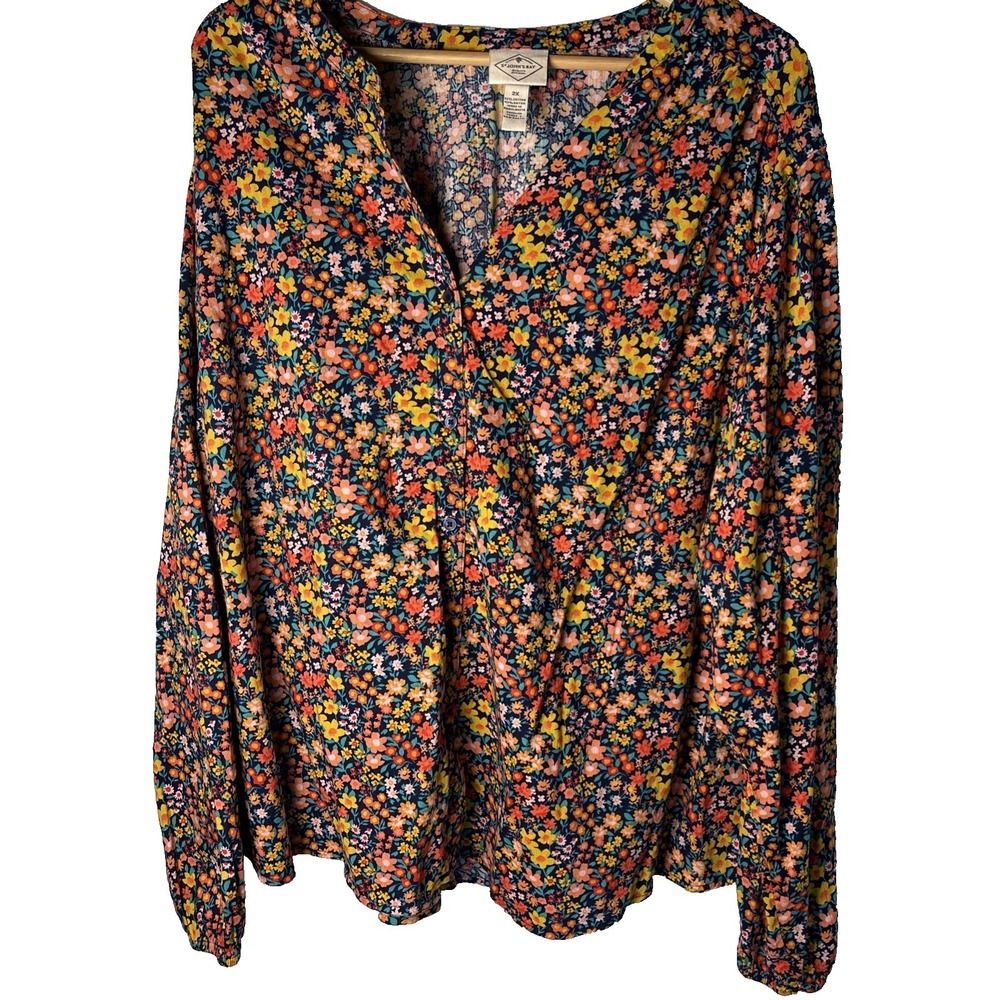 St John's Bay Multi Floral Long Sleeve Button Down Shirt Cotton Blend Size 2X